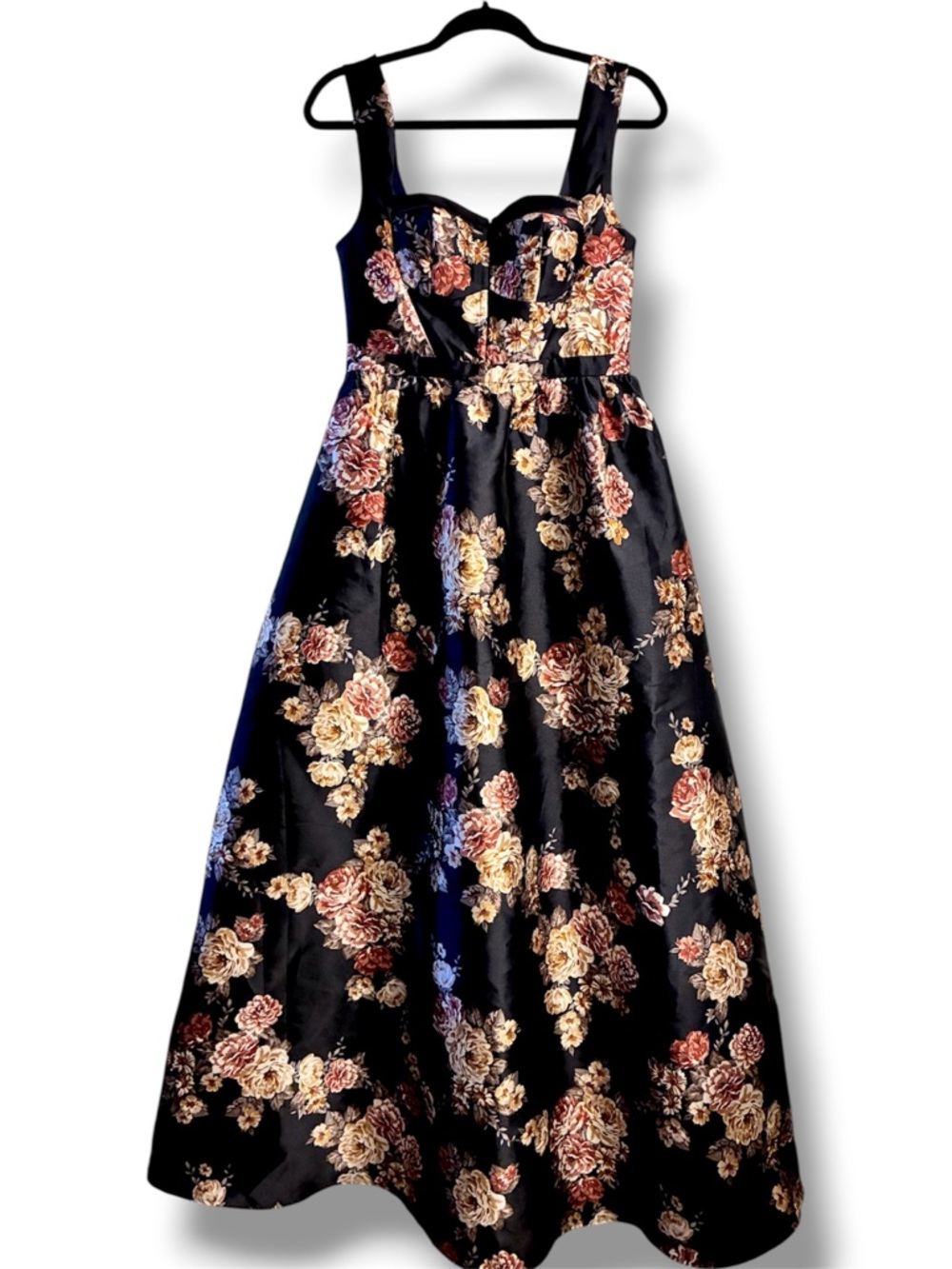 💐 Lulus Black Floral full length Dress Sweetheart Neck Fit & Flare M